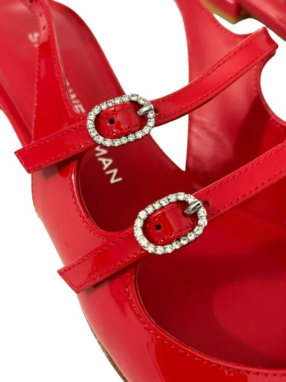 Stuart Weitzman $475 Claris Red Patent Leather Rhinestone Slingback 7.5 NEW